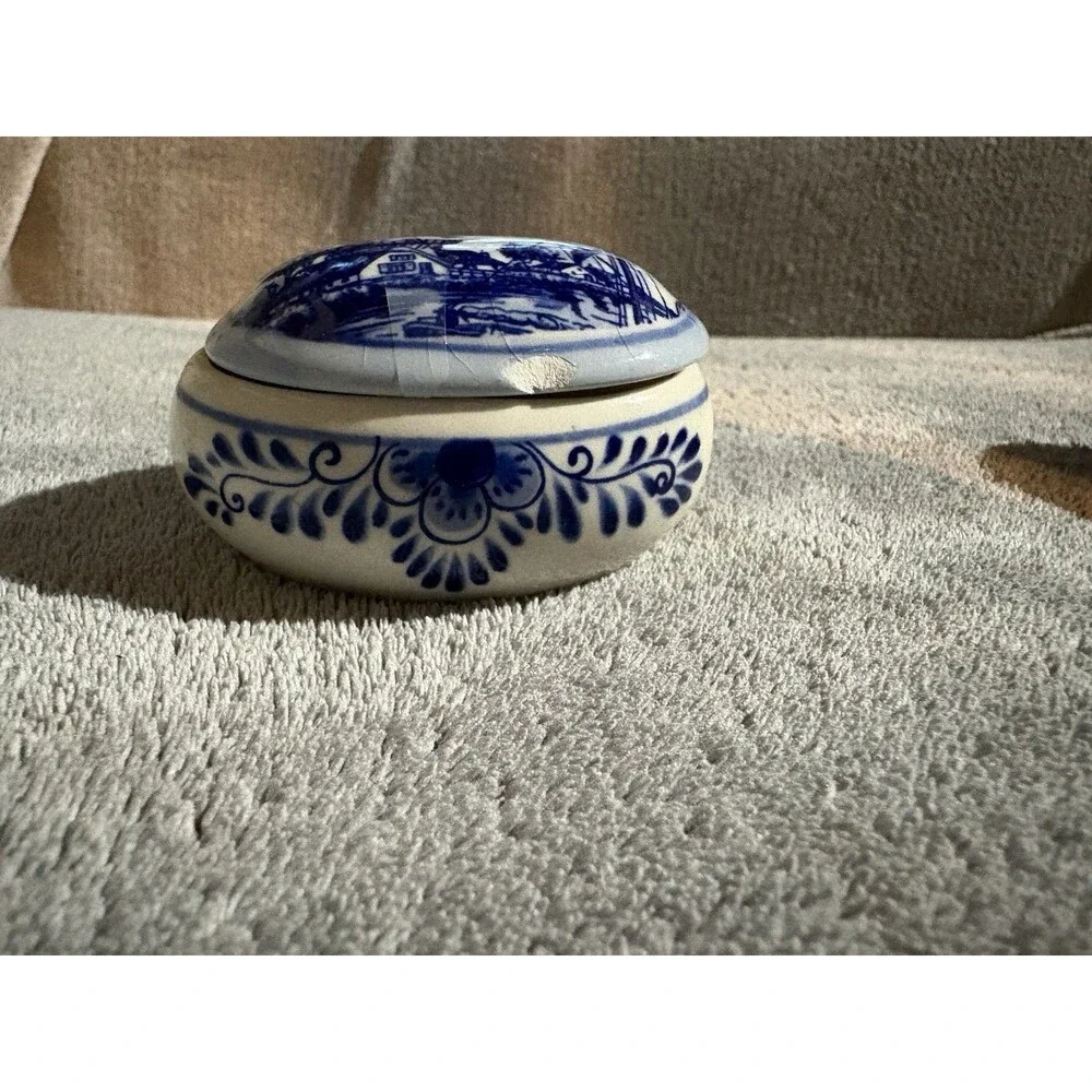 Vintage Delft Blue Nautical Windmill Trinket Jewelry Box Ceramic Holland W Chip